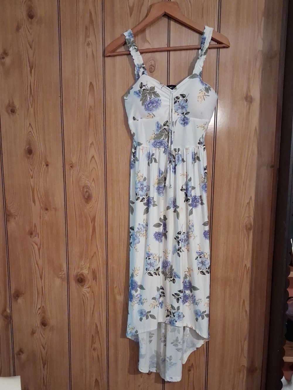 Derek Heart Cream High-Low Dress with Blue Floral Print